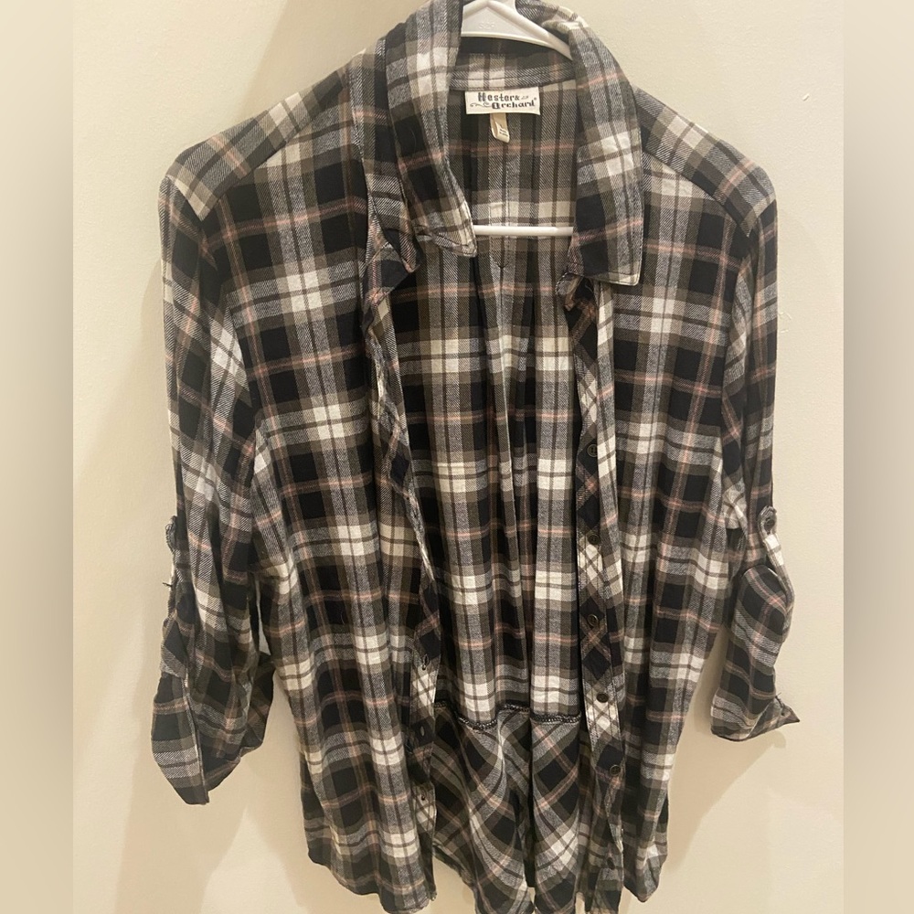 Black, Green, Cream Plaid Women’s Flannel 3/4 Sleeve